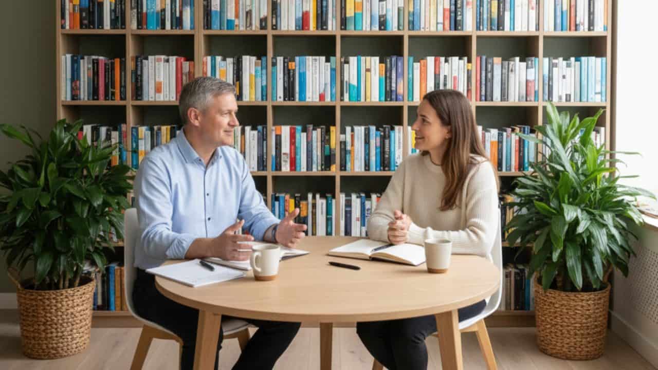 Burn out coach in rustig gesprek met client tijdens persoonlijke coachingssessie