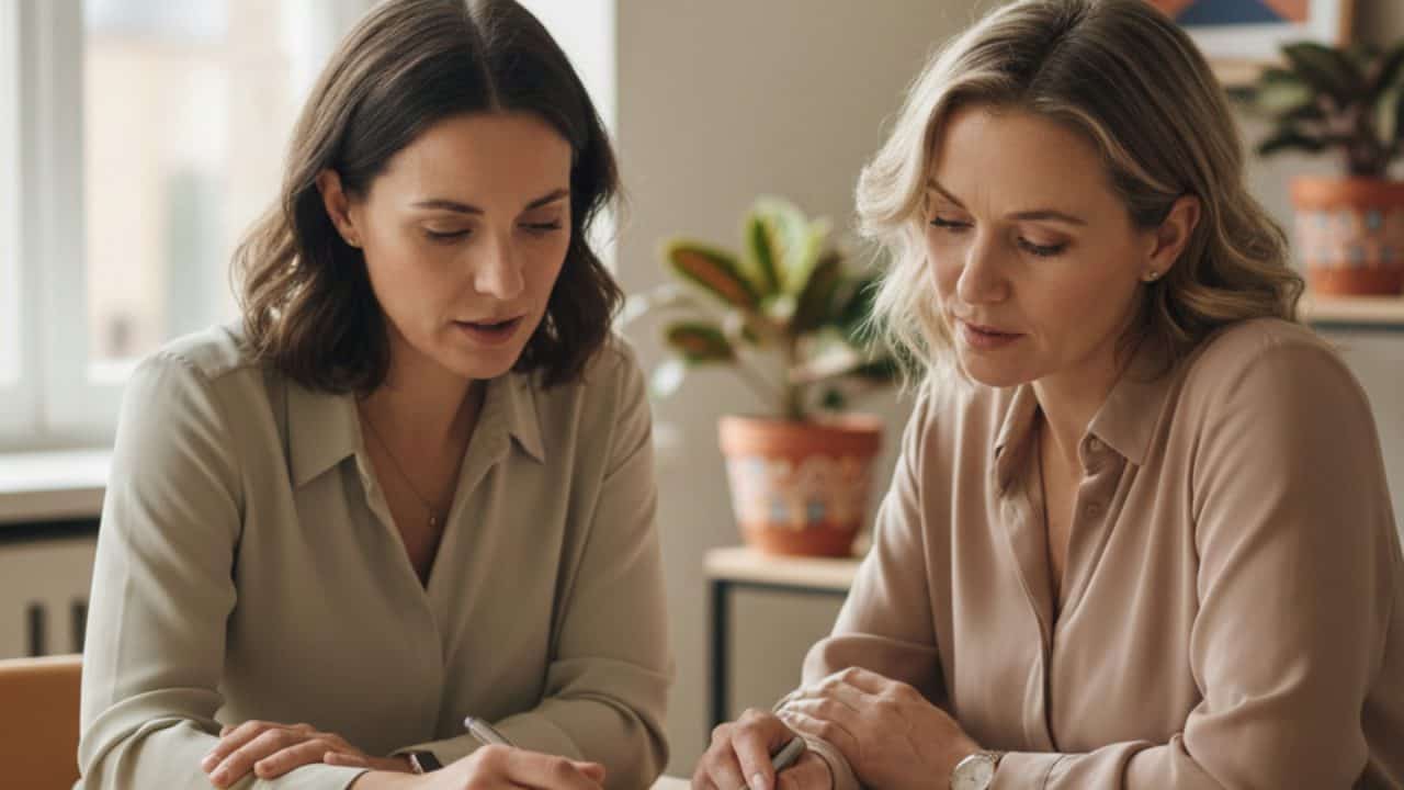 Loopbaancoach en cliënt bespreken voortgang tijdens coachtraject