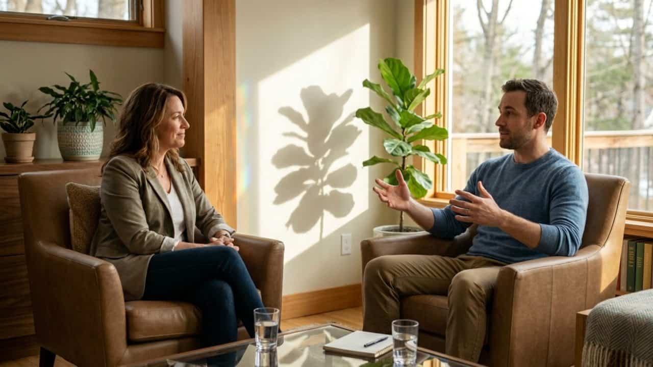 Coach en cliënt in gesprek tijdens een sessie met een intuïtieve coach