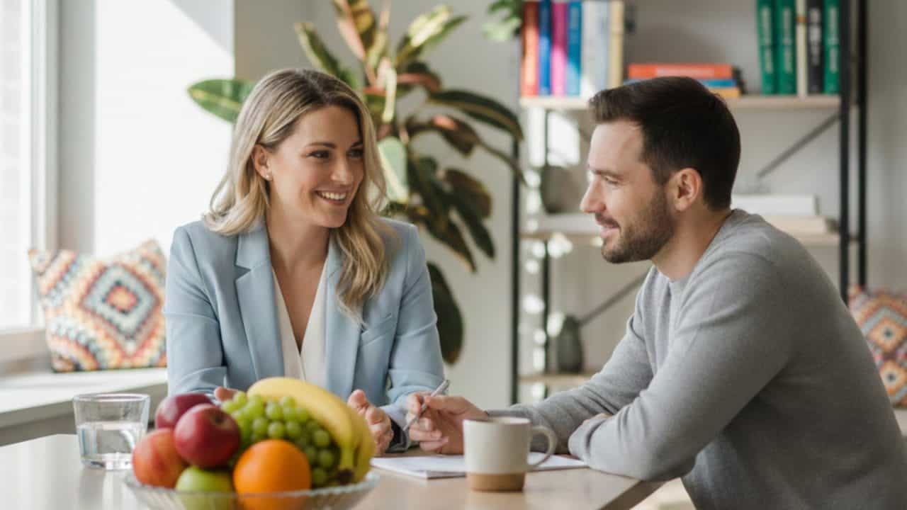 Gezondheidscoach in gesprek met cliënt tijdens een leefstijlcoaching sessie aan tafel