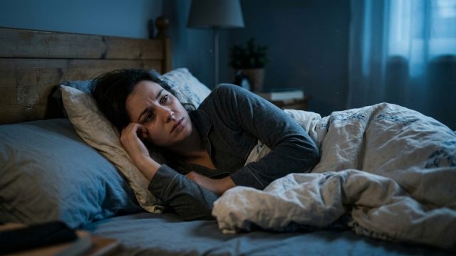 persoon die wakker ligt en piekert in bed